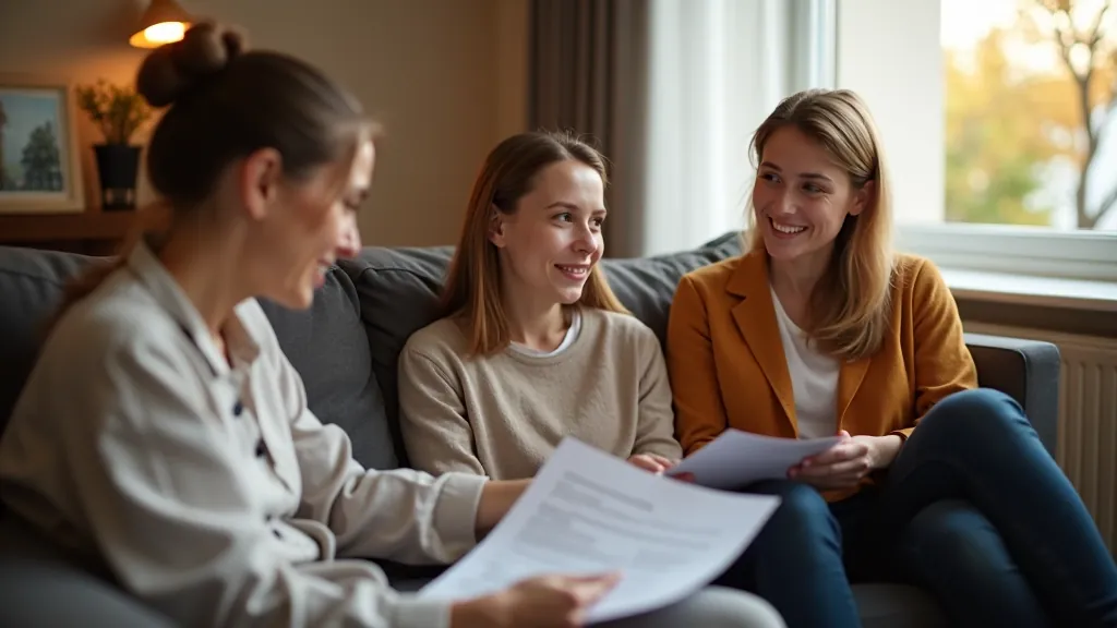 Ģimene sēž uz dīvāna ar dokumentiem, diskutējot par finanšu plānu
