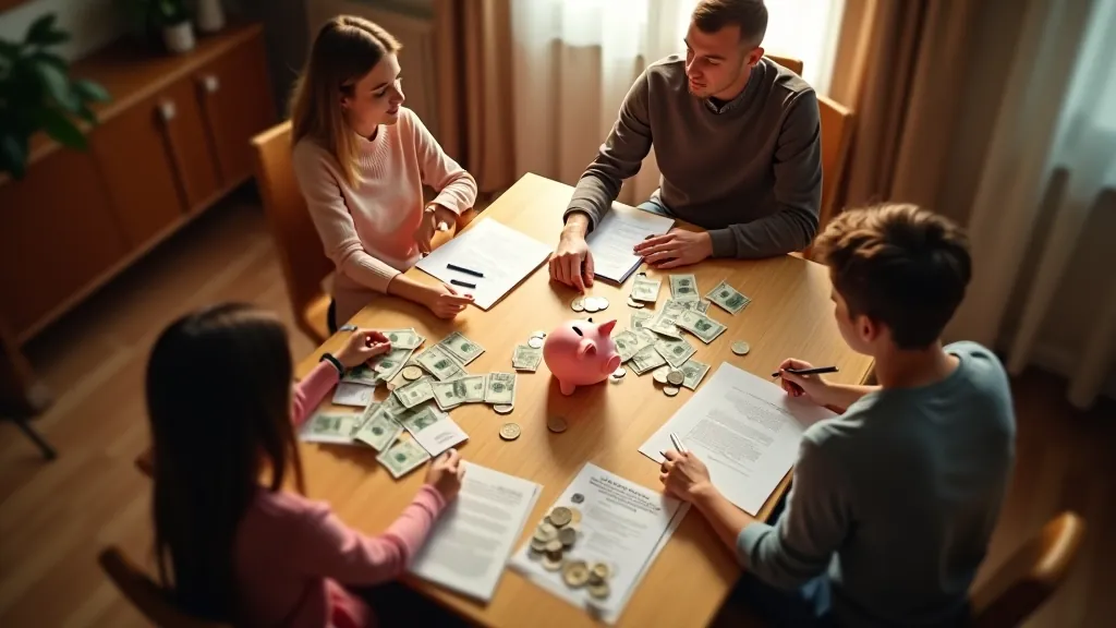 Ģimene sēž pie galda ar pieņemšanu, ģimenes finanšu plānošana kopā